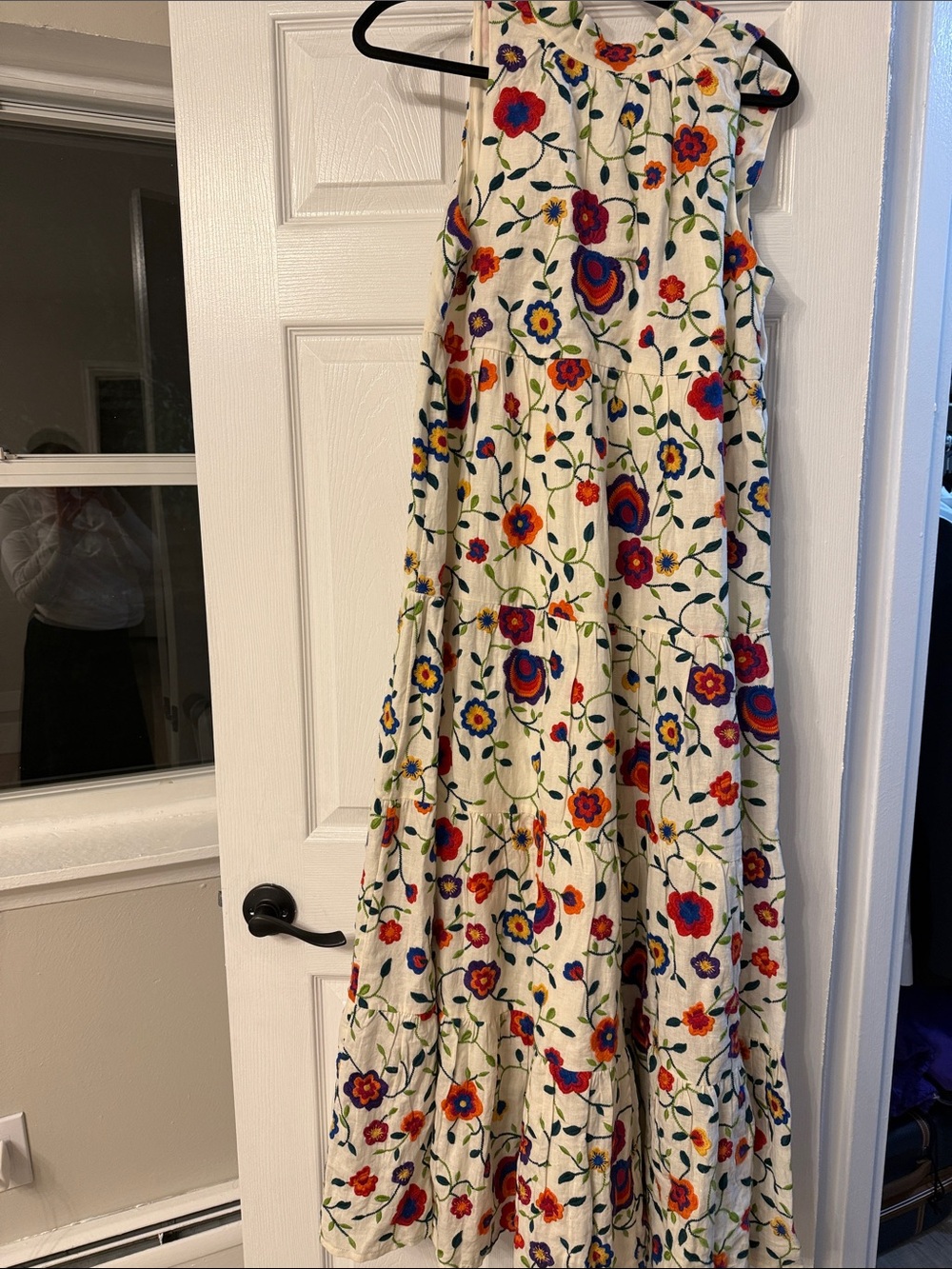 Sezane Cream Maxi Dress with Red, Blue, Orange and Green Floral Embroidery
